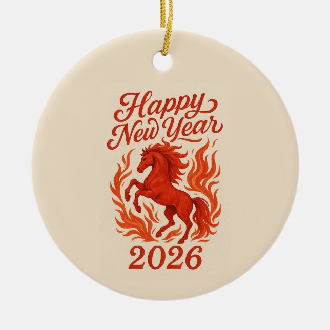 Ornamento De Cerâmica Feliz ano novo 2026 Cavalo de Fiery (Frente)