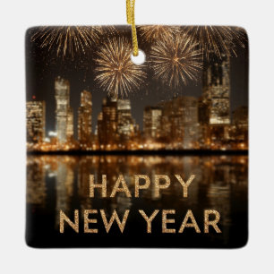 Ornamento De Cerâmica "Feliz ano novo" com o Fireworks sobre uma cidade
