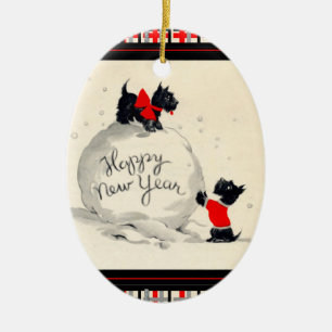 Ornamento De Cerâmica Feliz ano novo Scottie dog