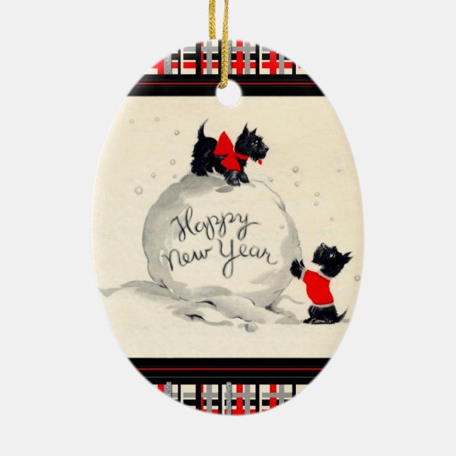 Ornamento De Cerâmica Feliz ano novo Scottie dog (Verso)