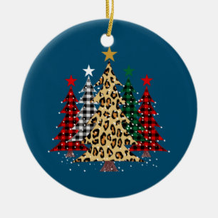 Ornamento De Cerâmica Feliz Árvores de Natal com Xadrez de Buffalo e Leo