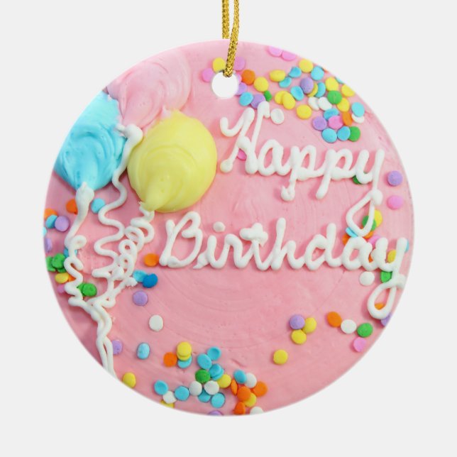 Ornamento De Cerâmica Feliz Bolo de Aniversário (Frente)