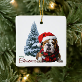 Ornamento De Cerâmica Feliz Buldogue de Natal