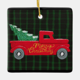 Ornamento De Cerâmica Feliz Caminhão Vermelho de Natal com Ornam Cerâmic