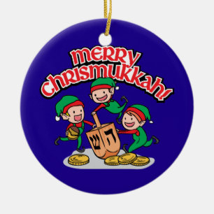 Ornamento De Cerâmica Feliz Chrismukkah com Elfos e Sonhos