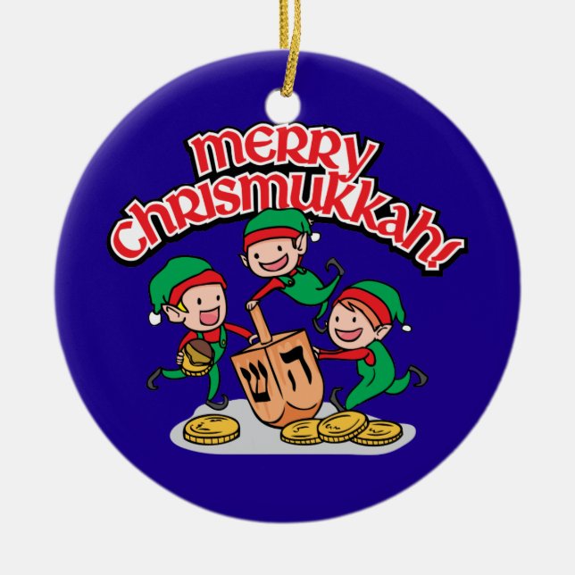 Ornamento De Cerâmica Feliz Chrismukkah com Elfos e Sonhos (Frente)