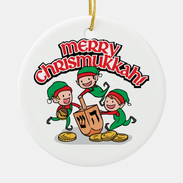 Ornamento De Cerâmica Feliz Chrismukkah com Elfos e Sonhos (Frente)