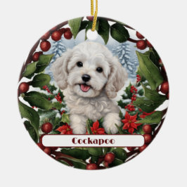 Ornamento De Cerâmica Feliz Cockapoo Branco, Natal Personalizado