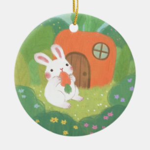 Ornamento De Cerâmica Feliz Coelhinho com Cenoura na Floresta