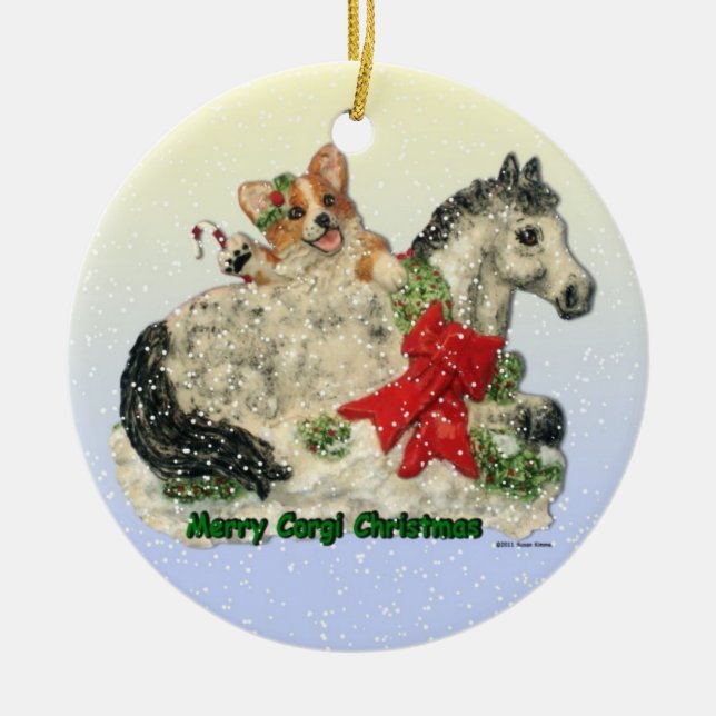 Ornamento De Cerâmica "Feliz Corgi Christmas" Orgi & Pony (Frente)