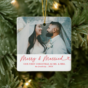 Ornamento De Cerâmica Feliz de Foto Moderna e Casado no Natal Recém-Casa