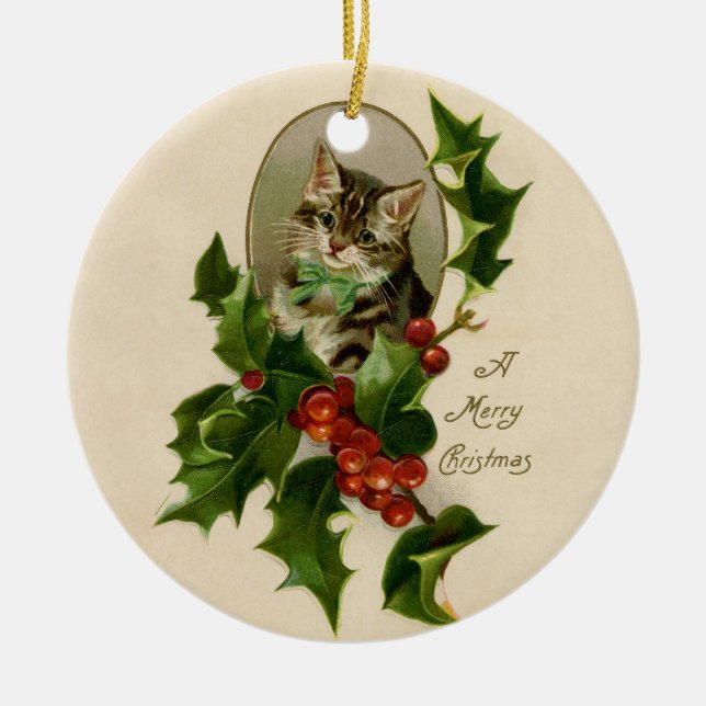 Ornamento De Cerâmica Feliz de Natal Holly Kitten Arte Antiquada (Frente)