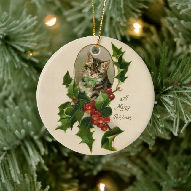 Ornamento De Cerâmica Feliz de Natal Holly Kitten Arte Antiquada (Árvore)