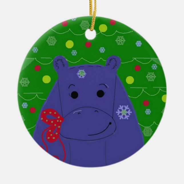 Ornamento De Cerâmica Feliz Design de Natal Hippo (Frente)