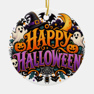 Ornamento De Cerâmica Feliz Dia das Bruxas Fantasmas Caveiras e Abóboras