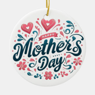 Ornamento De Cerâmica Feliz Dia das Mães - Floral Vibrante em Verde Água