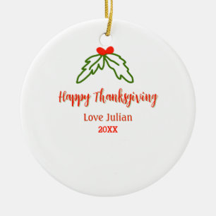 Ornamento De Cerâmica Feliz Dia de Ação de Graças verde folhas cereja