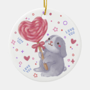 Ornamento De Cerâmica Feliz Dia dos Namorados com Bunny & Lollipop