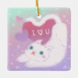 Ornamento De Cerâmica Feliz Dia dos Namorados com Gato Branco Fofinho