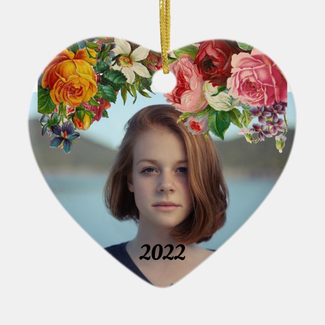 Ornamento De Cerâmica Feliz Dia dos Namorados Foto Floral Casamento (Frente)