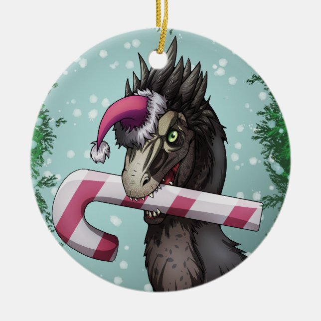 Ornamento De Cerâmica Feliz Dinossauro de Natal (Frente)