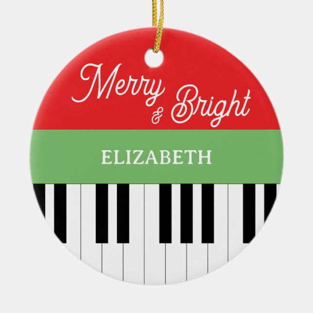 Ornamento De Cerâmica Feliz do teclado Piano e Natal do Pianista Brilhan (Frente)