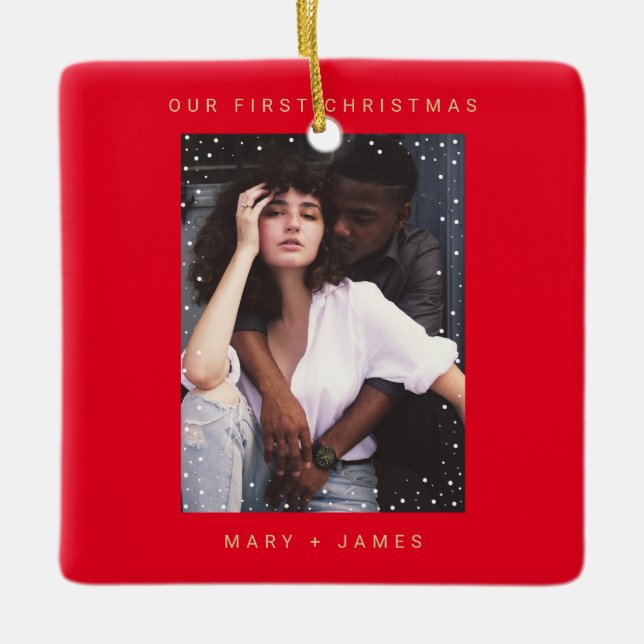 Ornamento De Cerâmica Feliz Dourada vermelha e foto casada (Frente)