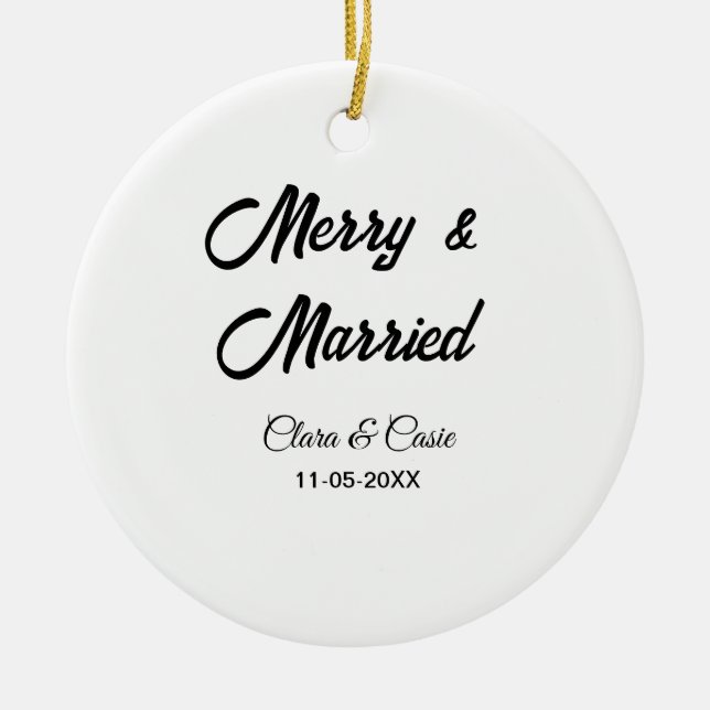 Ornamento De Cerâmica Feliz e adicionar casal casado Nome data feriadoCh (Frente)