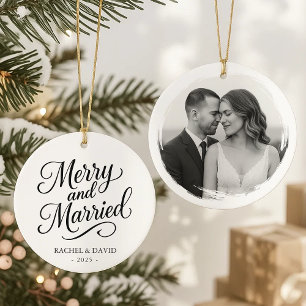 Ornamento De Cerâmica Feliz e casado - Foto de casamento de dois lados