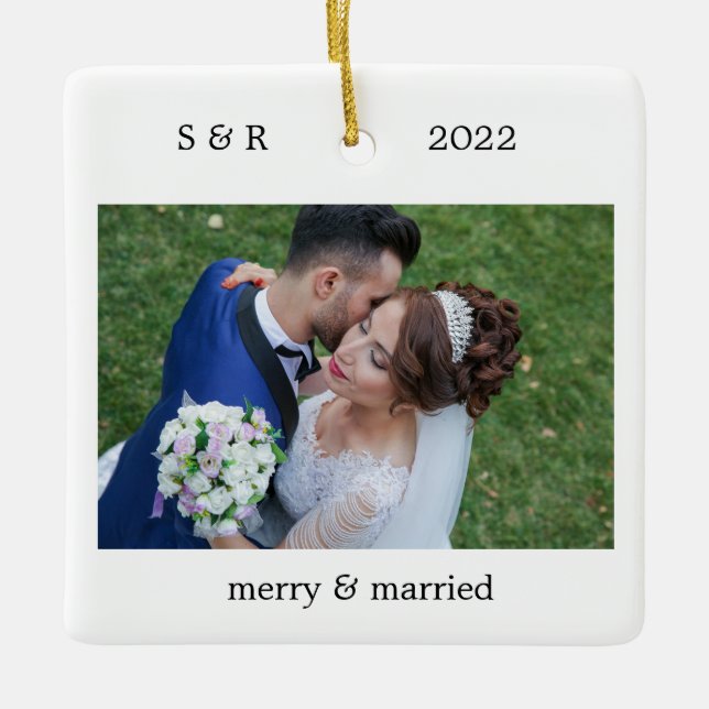 Ornamento De Cerâmica Feliz e Foto Personalizada Casada (Frente)