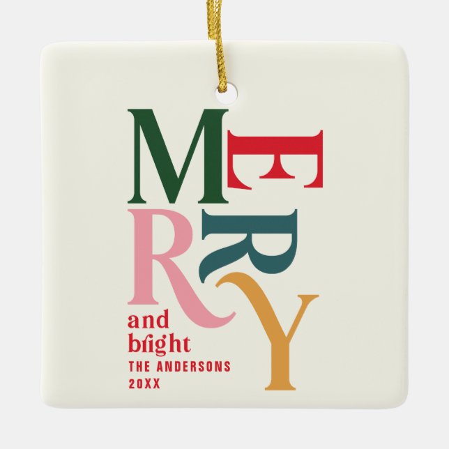 Ornamento De Cerâmica Feliz e Natal colorido brilhante (Frente)