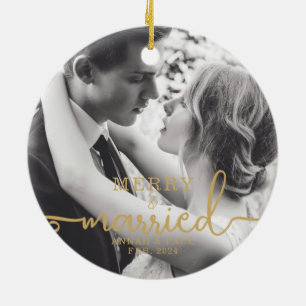 Ornamento De Cerâmica Feliz Elegante Dourada e Foto de Natal casada