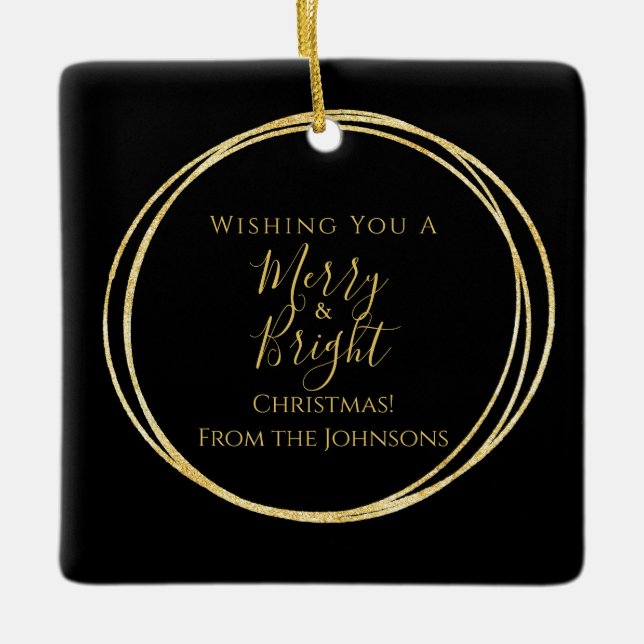Ornamento De Cerâmica Feliz Elegante e nome da família Brilhante Natal (Frente)