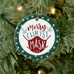 Ornamento De Cerâmica Feliz engraçada COVID CristoFoto MASK Verde