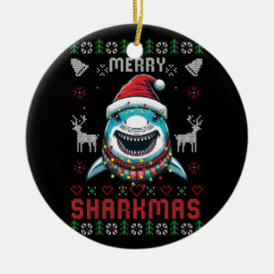 Ornamento De Cerâmica Feliz engraçada Sharkmas Feia Vestindo tubarão de 