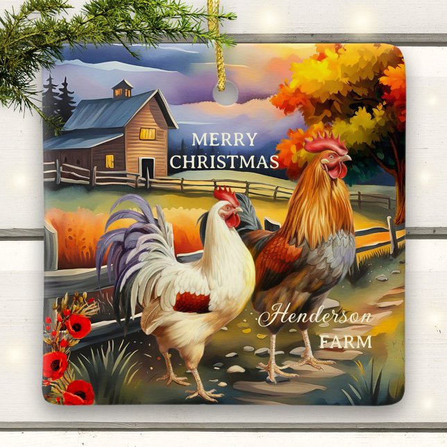 Ornamento De Cerâmica Feliz Fazenda de galinha de Natal (Christmas ceramic ornament featuring a colorful painting of a rooster and chicken - farmhouse)