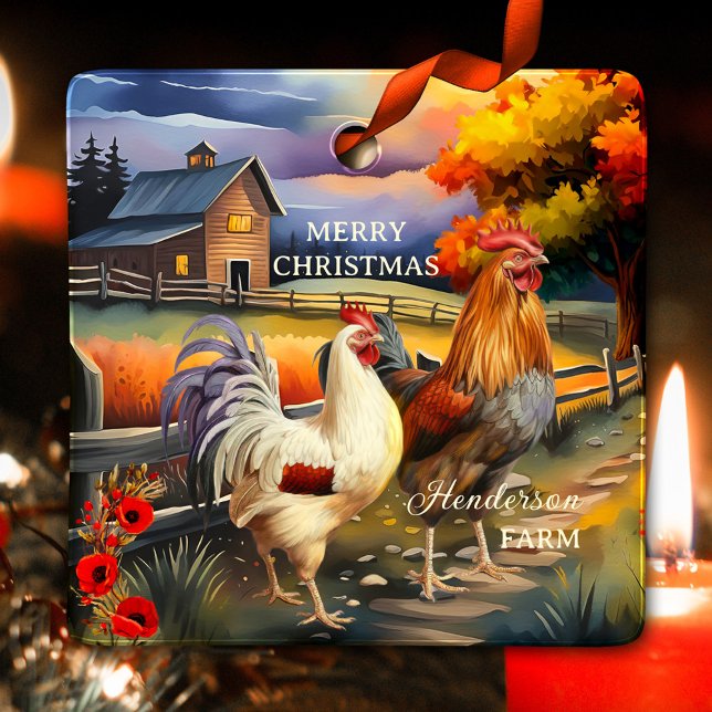 Ornamento De Cerâmica Feliz Fazenda de galinha de Natal (Christmas ornament featuring a colorful painting of a rooster and chicken on a country farm)