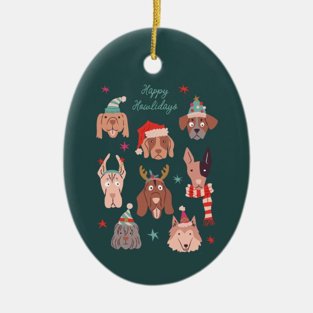 Ornamento De Cerâmica Feliz Feliz Natal dos Cães Verdes (Frente)