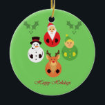 Ornamento De Cerâmica Feliz Férias!<br><div class="desc">Aqui está uma bela design de Natal com uma rena,  Santa Clause,  um elfo,  e um boneco de neve! Está disponível em vários produtos,  incluindo camisas,  adesivos,  ornamentos,  meias,  canecas e muito mais! Ele pode ser personalizado ou personalizado adicionando seu próprio texto ou imagens!</div>