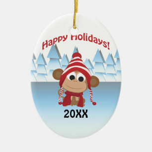 Ornamento De Cerâmica Feliz Férias! Macaco de inverno