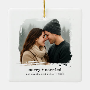 Ornamento De Cerâmica Feliz + Foto de Natal recém-casada