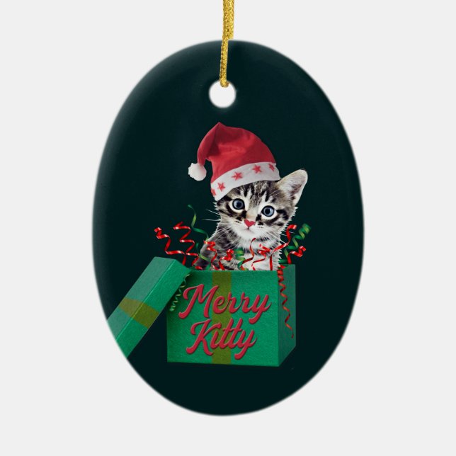 Ornamento De Cerâmica Feliz Gatinho, Feliz Natal (Frente)