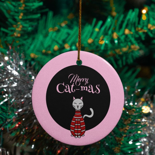 Ornamento De Cerâmica Feliz Gato-Mas Rosa/Natal Preto (Criador carregado)