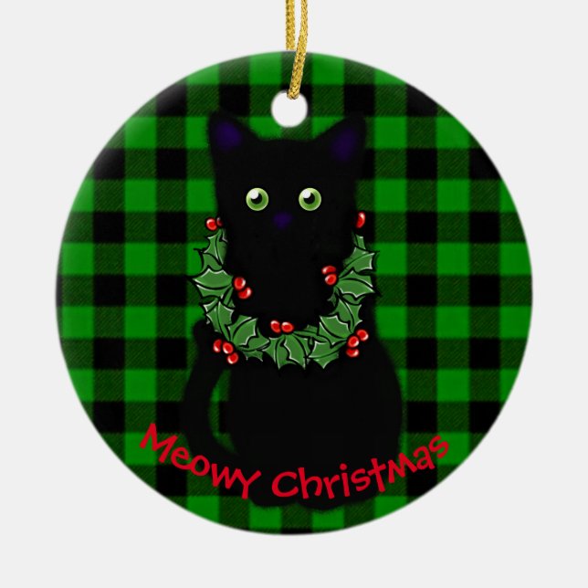 Ornamento De Cerâmica Feliz gato Natal Vermelhos (Frente)