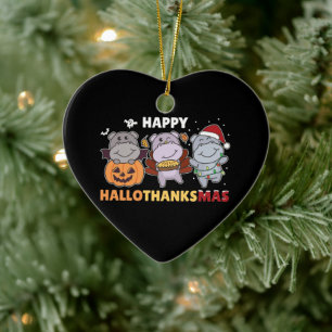 Ornamento De Cerâmica Feliz Hallothanksmas Hippos Christmas Hippo Cerami