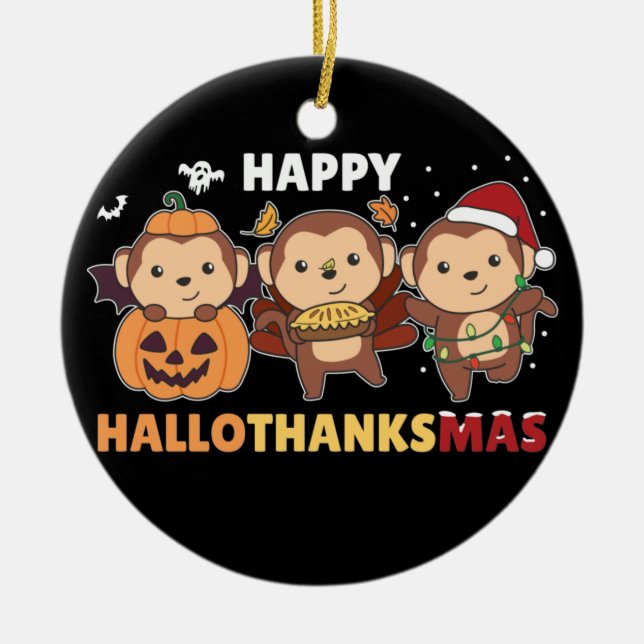 Ornamento De Cerâmica Feliz Hallothanksmas Macacos Macacos de Natal Cera (Frente)