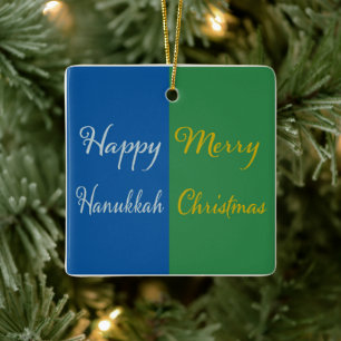 Ornamento De Cerâmica Feliz Hanukkah Feliz Natal slvr gld azul verde