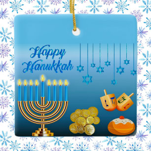 Ornamento De Cerâmica Feliz Hanukkah Menorah Dreidels Azul 