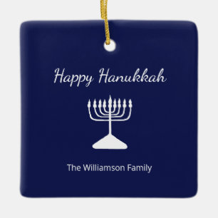 Ornamento De Cerâmica Feliz Hanukkah Menorah Simple Blue White