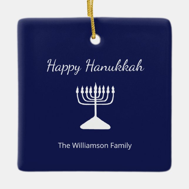 Ornamento De Cerâmica Feliz Hanukkah Menorah Simple Blue White (Frente)